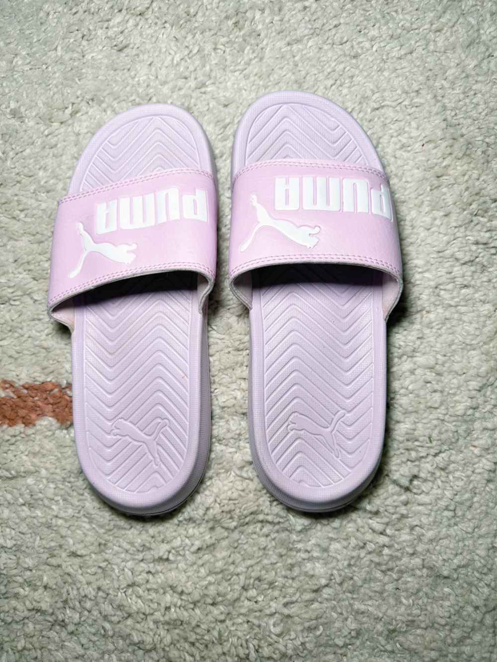 Puma Women's Slide Sandals in Pale Pink with White Logo 6.5